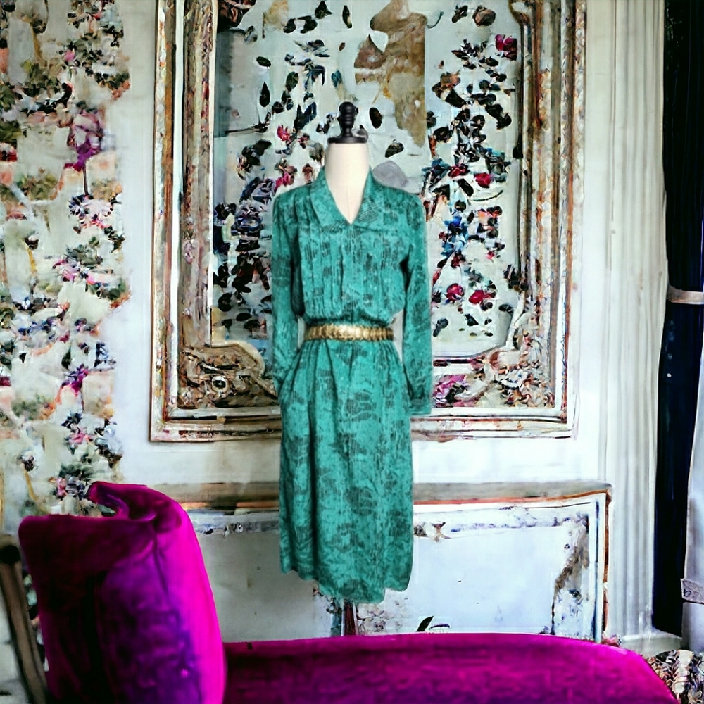 Vintage Y2K 80's Golden Girls Dallas Depop Jade Abstract Lines Pleated Bodice 10